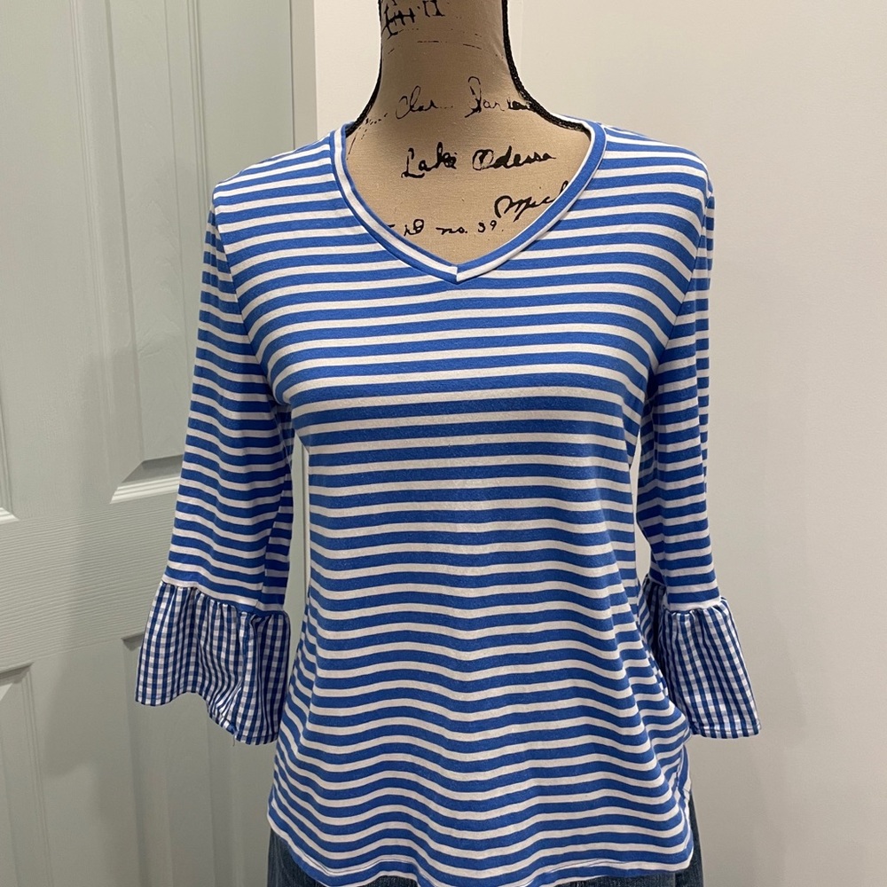 Westbound blue stripe 3/4 bell sleeve top